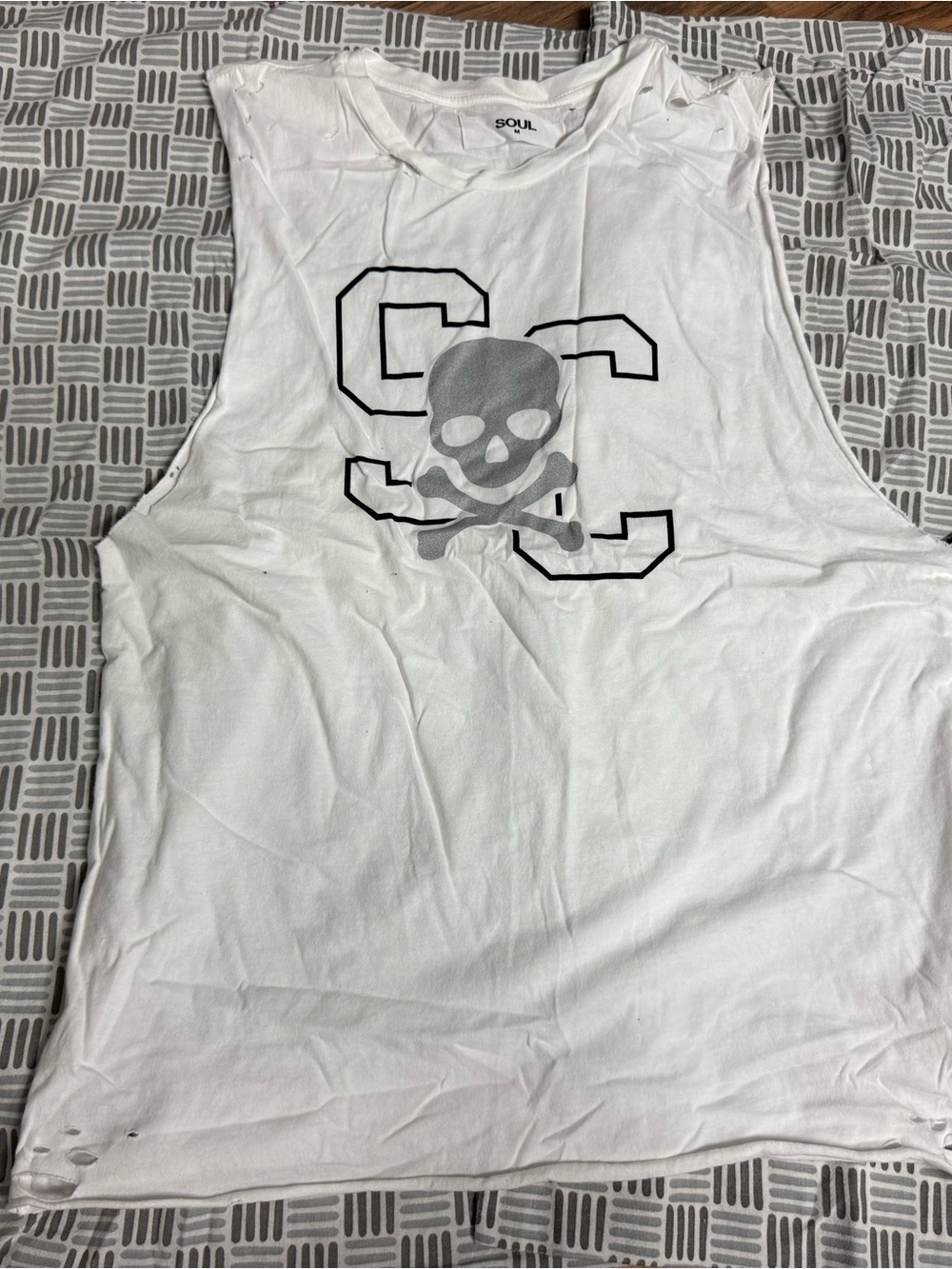 soulcycle White Muscle Tank with Gray Skull Graphic